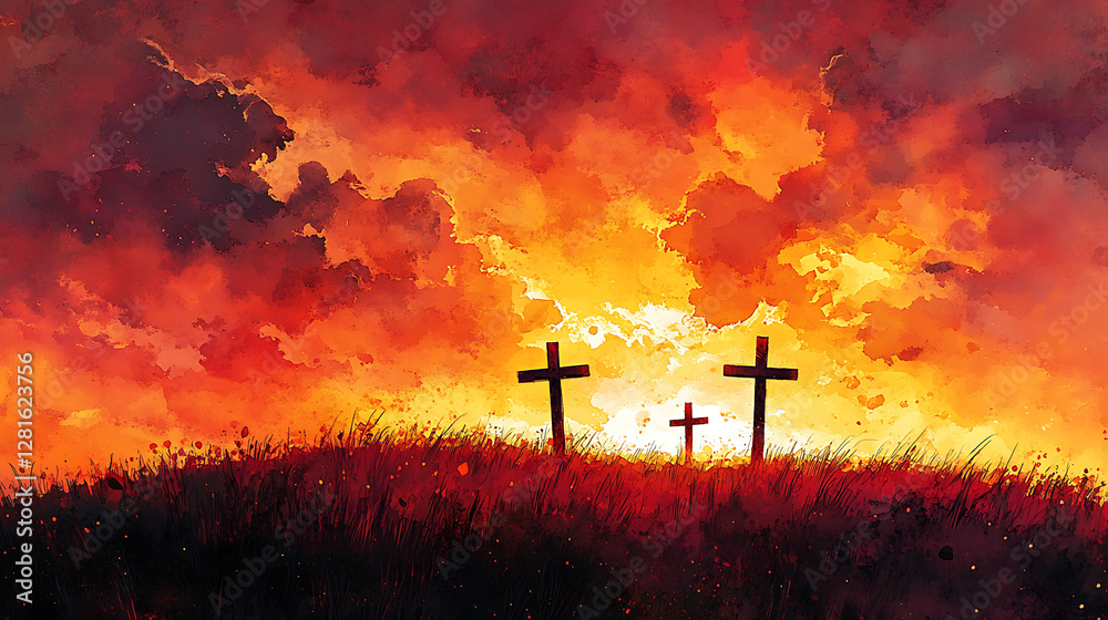 Obraz premium Three wooden crosses silhouetted against a vibrant orange and red sunset, dramatic clouds filling the sky, soft rays of sunlight breaking through, a tranquil grassy hill in the foreground,