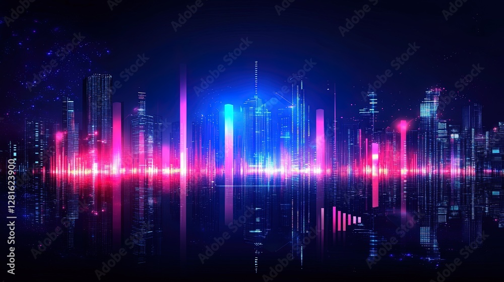 Fototapeta premium Abstract business growth scene with glowing data, digital charts, and futuristic office building silhouettes 