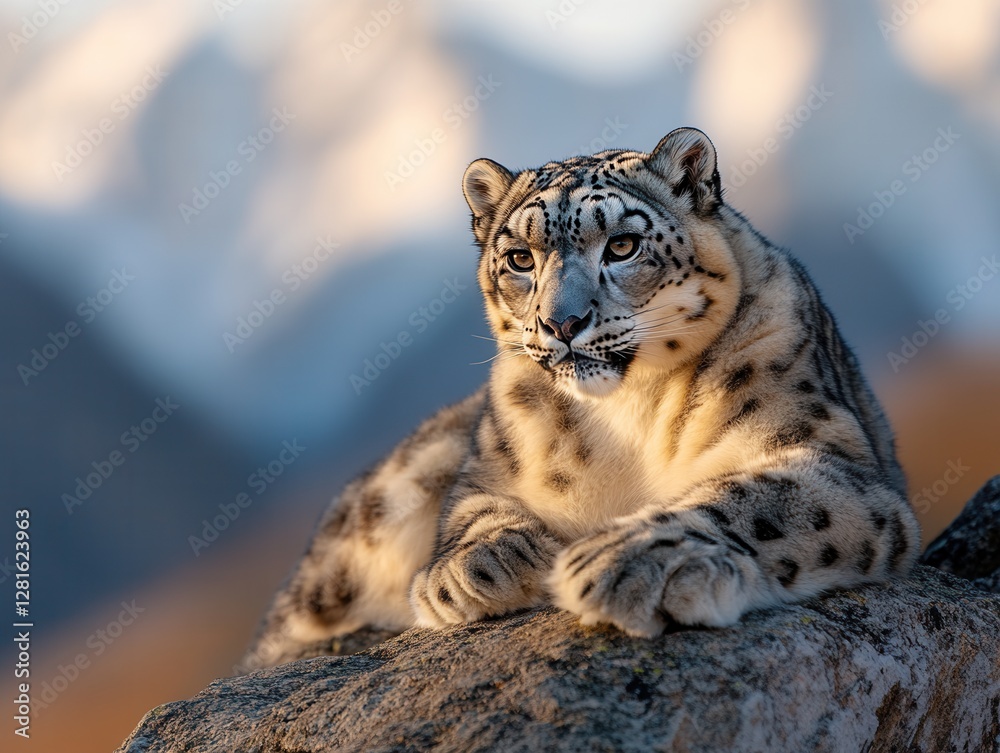Obraz premium Majestic snow leopard rests gracefully on a sunlit rock amidst a breathtaking mountain backdrop. Generative AI