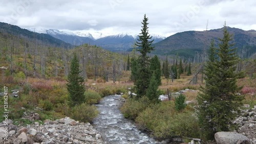 River in the Altai Mountains in the colorful autumn period in the East Kazakhstan region in Katon-Karagay against the backdrop of snowy peaks photo