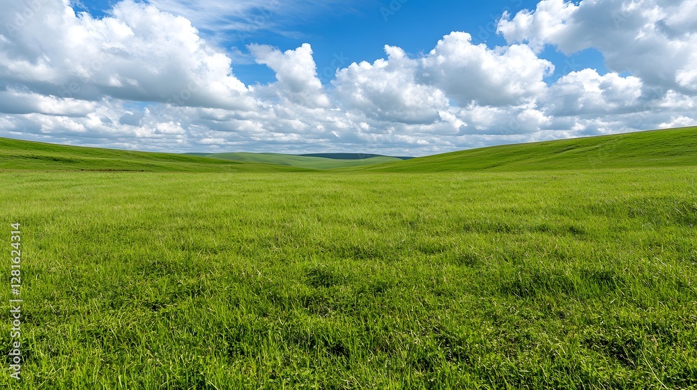 Lush Green Meadow Under Bright Blue Sky with Fluffy White Clouds Lush Green Meadow Under Bright Blue Sky with Fluffy White Clouds