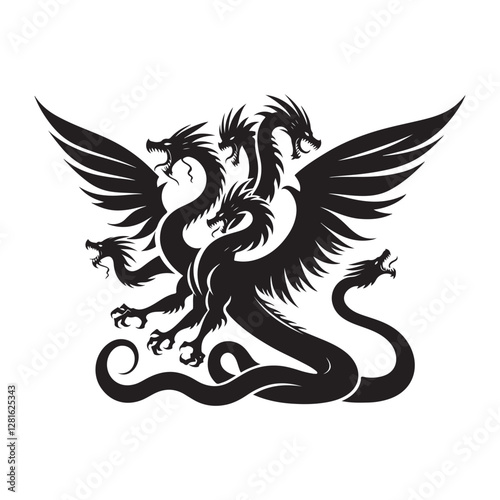 Hydra Silhouette Vector: Fierce Multi-Headed Dragon Design