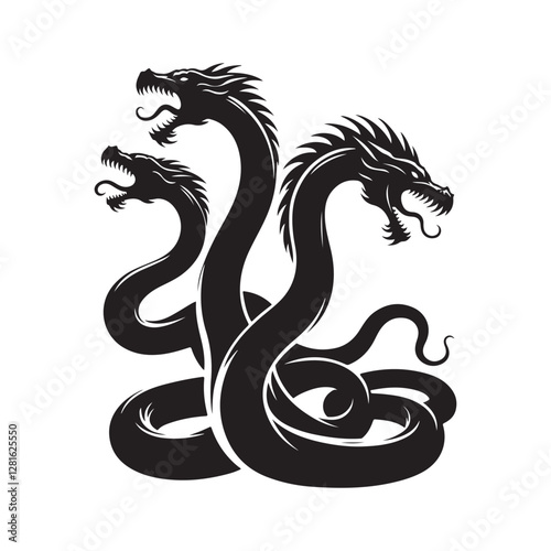 Hydra Silhouette Vector: Fierce Multi-Headed Dragon Design