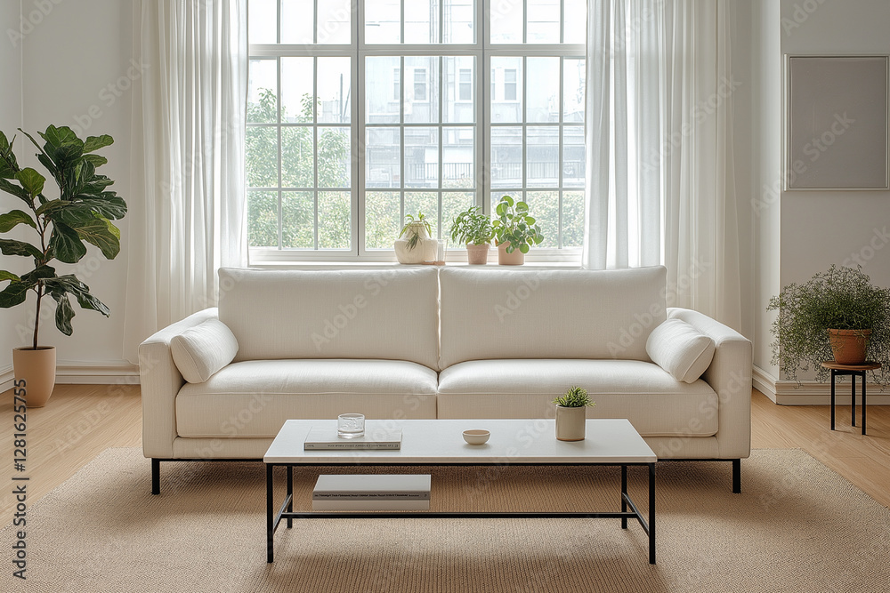 Fototapeta premium Modern Minimalist Living Room Interior Design with Cream Sofa and Large Window