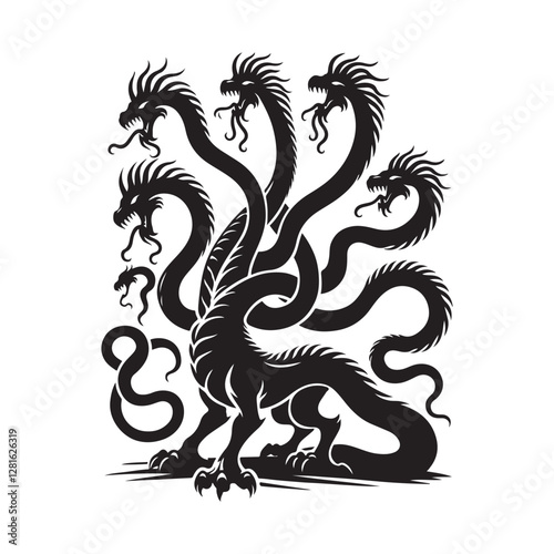 Hydra Silhouette Vector: Fierce Multi-Headed Dragon Design