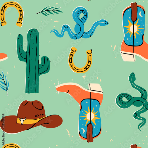 Seamless pattern with various doodle line style trendy cowboy boots, hats, cow scull, snake. Boho American western desert elements. Vector funky illustration.