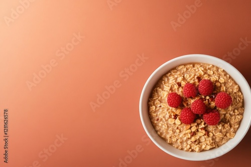 Bowl of granola topped with fresh raspberries against warm backg