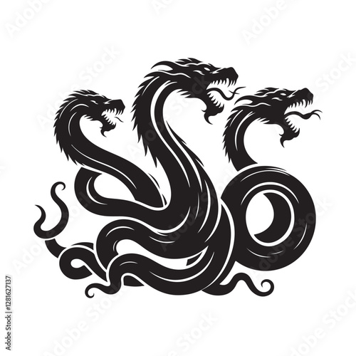 Hydra Silhouette Vector: Fierce Multi-Headed Dragon Design