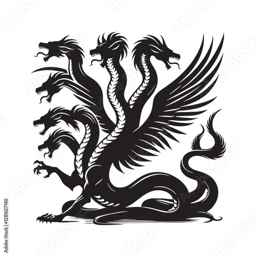 Hydra Silhouette Vector: Fierce Multi-Headed Dragon Design