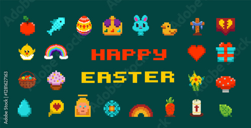 Wallpaper Mural Pixel art icons set. Happy Easter greeting card design. Rabbit, bunny, eggs and baby chicken. Isolated vector illustration. Torontodigital.ca