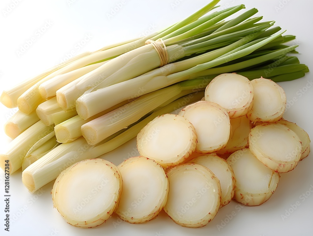 Flying lemongrass with slices isolated on white background , clipping path. Flying lemongrass with slices isolated on white background , clipping path.