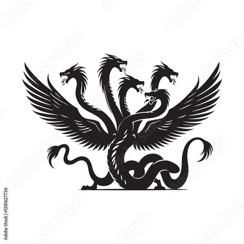 Hydra Silhouette Vector: Fierce Multi-Headed Dragon Design