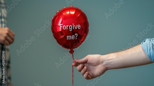 A mid-adult male of Caucasian descent extends a hand holding a red balloon that reads 'Forgive me?' against a soft blue background.