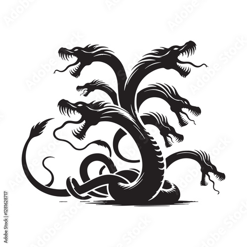 Hydra Silhouette Vector: Fierce Multi-Headed Dragon Design