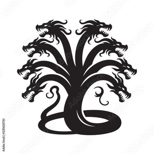 Hydra Silhouette Vector: Fierce Multi-Headed Dragon Design