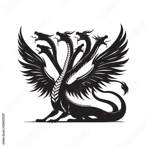Hydra Silhouette Vector: Fierce Multi-Headed Dragon Design