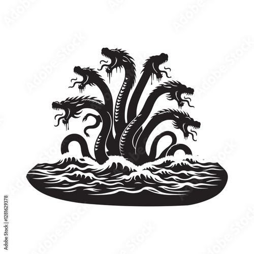 Hydra Silhouette Vector: Fierce Multi-Headed Dragon Design