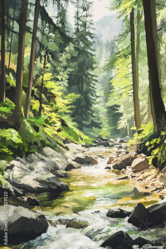 Illustration of a tranquil mountain stream winding through a vibrant green forest. The crystal clear water flows gently over smooth rocks, reflecting the surrounding trees and the dappled sunlight