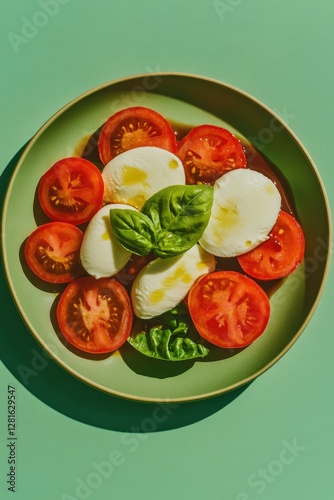 Fresh tomatoes and mozzarella arranged artfully, vibrant colors