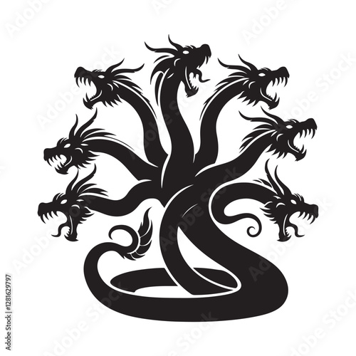 Hydra Silhouette Vector: Fierce Multi-Headed Dragon Design