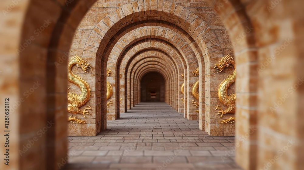 A beautiful stone corridor with intricate arches and dragon motifs. A beautiful stone corridor with intricate arches and dragon motifs.