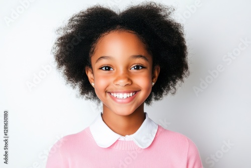 Smiling girl with curly hair wearing a pink sweater against a white background