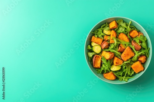 Fresh salad featuring vibrant greens and roasted sweet potatoes