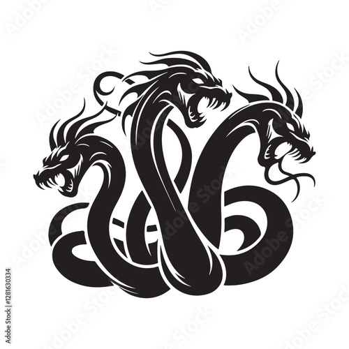 Hydra Silhouette Vector: Fierce Multi-Headed Dragon Design