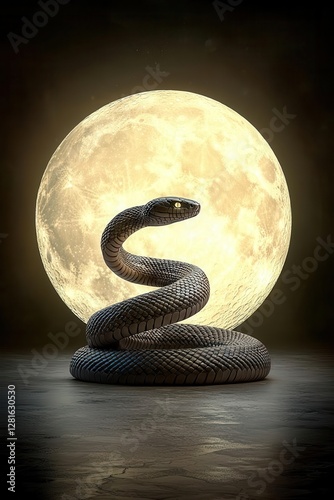 A majestic snake curled up against a luminous full moon backdrop.