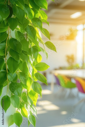Lush green leaves cascade down, enhancing bright, modern workspa