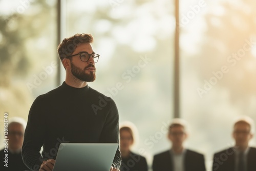 Confident speaker presents ideas in bright conference room, enga