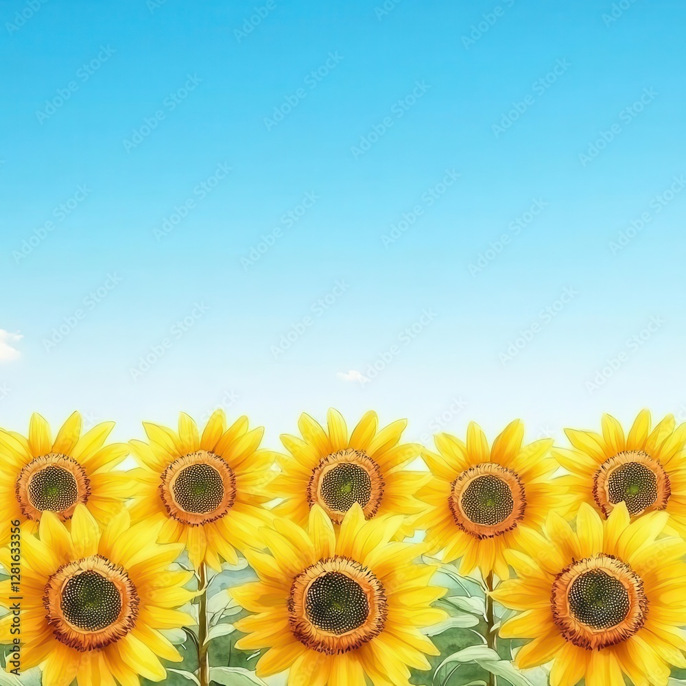 Obraz premium Vibrant sunflowers blooming against a clear blue sky.