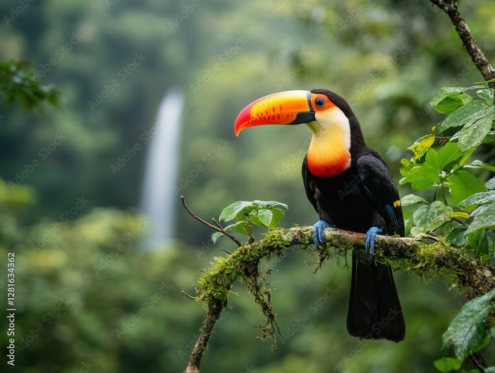 Vibrant toucan perches gracefully on a branch amidst the lush beauty of the Amazon rainforest with distant waterfalls. Generative AI Vibrant toucan perches gracefully on a branch amidst the lush beauty of the Amazon rainforest with distant waterfalls. Generative AI