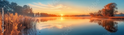 A tranquil sunrise over a serene lake with vibrant reflections.