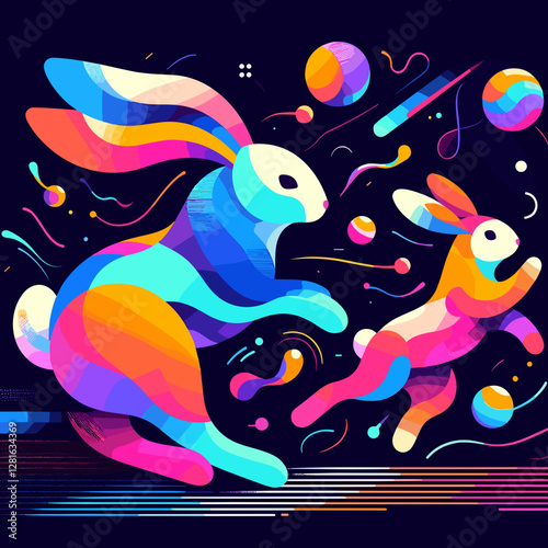 Colorful illustration of a joyful rabbit hopping with playful bunnies and vibrant shapes in a dynamic style