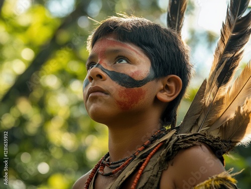 Young Brazilian Kayapo warrior adorned with tribal markings gazes upwards in vibrant natural surroundings. Generative AI