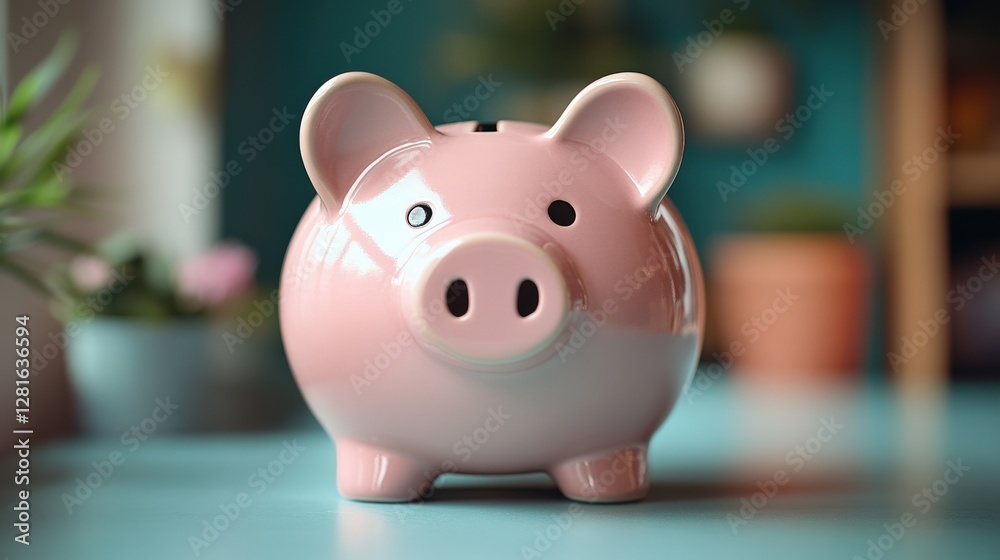 A charming pink piggy bank sitting on a table with a vibrant background of plants and decor A charming pink piggy bank sitting on a table with a vibrant background of plants and decor