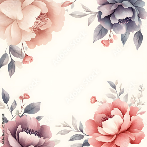 Japanese Peony Corner frame of watercolor, with minimal details and a simple illustration. Floristic design elements for floristics, Greeting card, Floral print, Plant painted background, Watercolour.