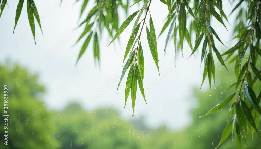 Gentle rain falling on green bamboo leaves in a serene forest. Gentle rain falling on green bamboo leaves in a serene forest.