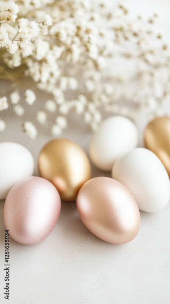 Easter eggs in soft pastel colors with white flowers, suitable for background Easter eggs in soft pastel colors with white flowers, suitable for background