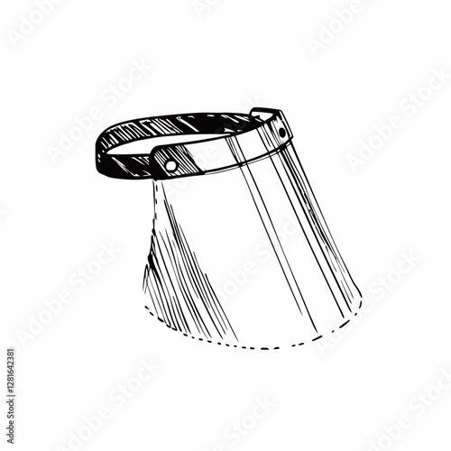 Technical illustration of clear face shield with detailed rivets. Precision drawing shows protective equipment from side angle.White background with copy space. Medical supplies, safety equipment, PPE