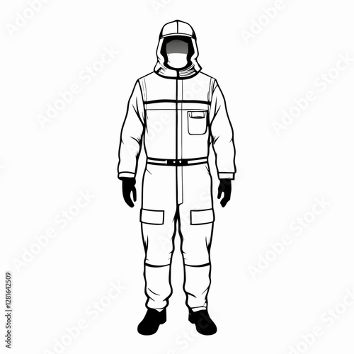 Professional jumpsuit with multiple pockets and hood shown in technical drawing. Full-body protective garment illustrated with precision details. Workwear, protective clothing, industrial uniform