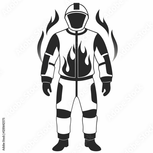 Fire resistant suit shown protecting against flames in graphic illustration. Safety gear demonstrated in action under extreme conditions.Firefighting equipment, safety gear, protective clothing