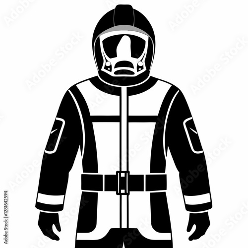 Figure in fire-resistant suit and respirator stands ready. Technical illustration highlights safety features and protective gear. Ideal for industrial safety training, hazmat response and equipment 