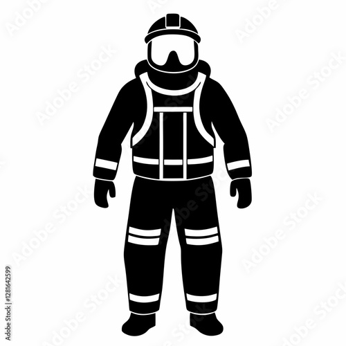 Worker in full-body protective suit with helmet and gloves, silhouette icon style. Concept: industrial safety, hazmat gear, personal protective equipment (PPE).
