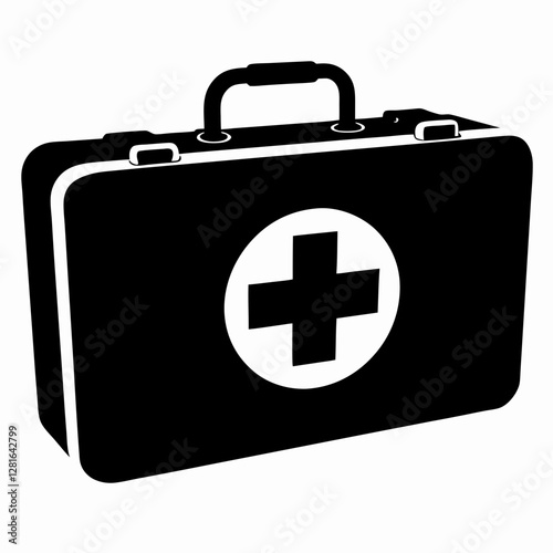Simple monochrome first aid kit illustration with prominent plus symbol centered on rectangular case. Clean minimalist design on white background. Concept: medical services, healthcare facilities