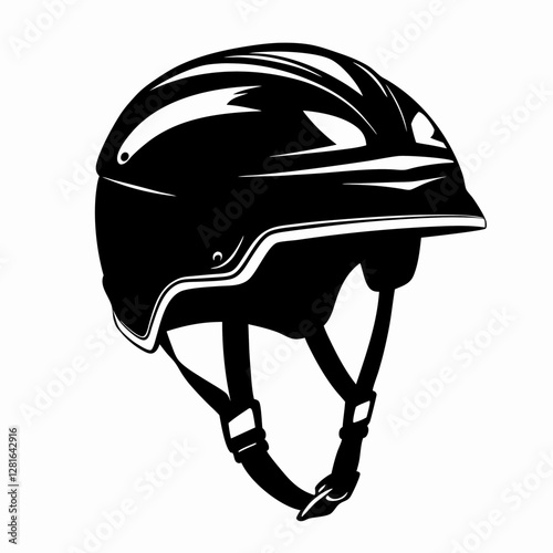 Protective helmet with chin straps in glossy black silhouette, side view vector style. Concept: industrial safety, construction gear, protective equipment.