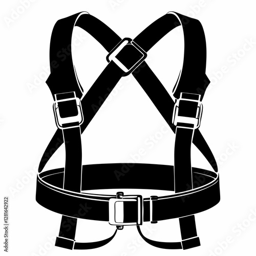 Black and white safety harness illustration with X-pattern design. Technical diagram shows precise strap placement and buckle details. Clear instructional style. Concept: industrial safety, equipment 