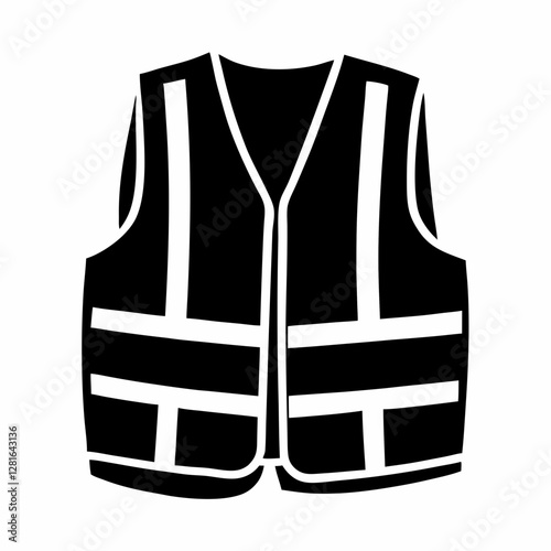 Simple black and white safety vest icon with reflective stripes. Minimalist design for clear visibility. Concept: Safety symbols, Industrial signage