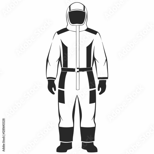 Technical drawing of full-body protective suit with integrated hood and gloves. Detailed illustration shows reinforced areas. Concept: Safety equipment, Hazmat protection